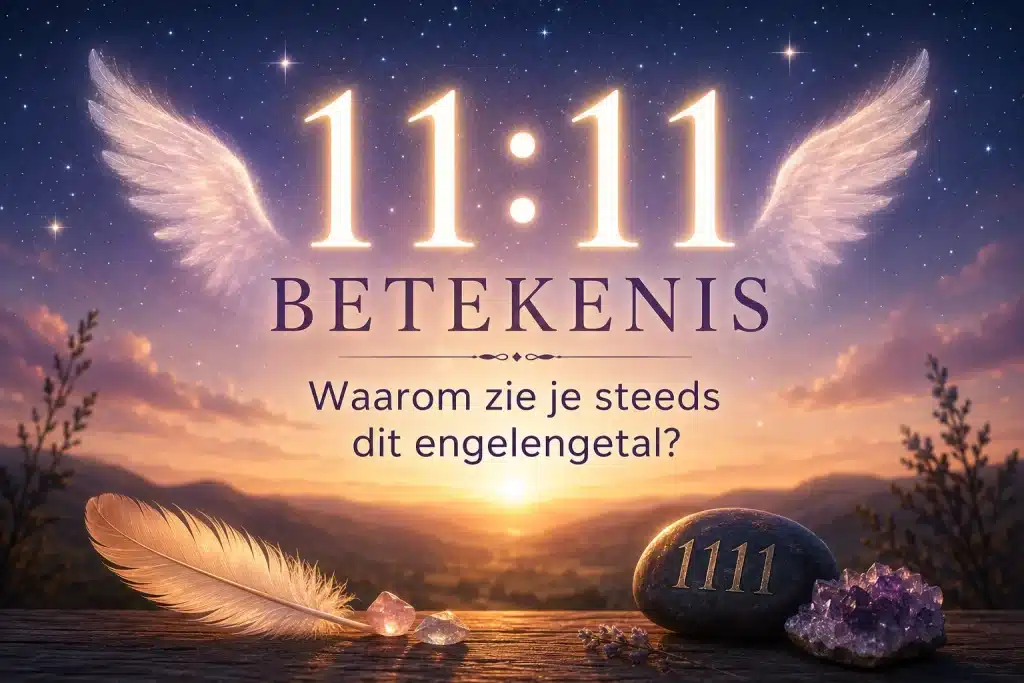 Spirituele afbeelding van engelenvleugels met het getal 11:11 aan een sterrenhemel boven een zonsopgang, symbool voor de betekenis van het engelengetal 1111 en spiritueel ontwaken.