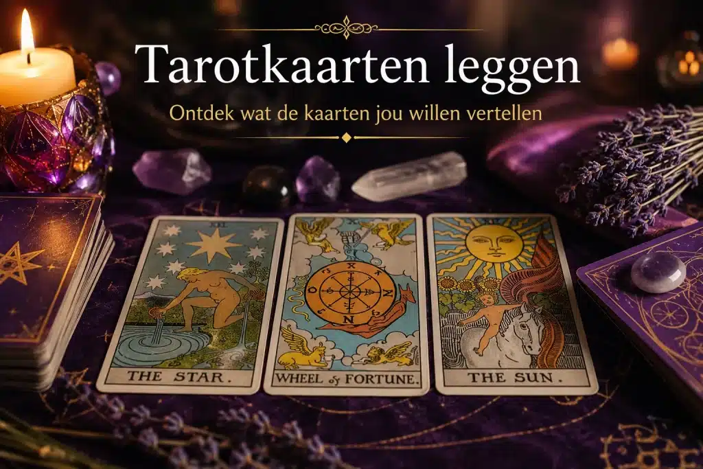 Tarotkaarten leggen op een paarse spirituele tafel met kristallen, kaarslicht en tarotkaarten voor inzicht, voorspellingen en spirituele begeleiding.