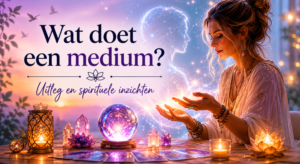 Spiritueel medium zit aan tafel met kristallen, tarotkaarten en een gloeiende kristallen bol tijdens een mystieke reading met paarse en warme lichteffecten.