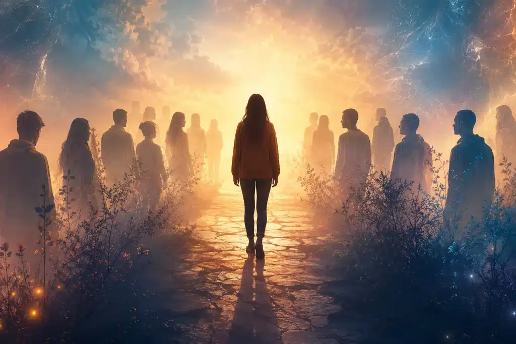 Een persoon loopt over een verlicht pad naar een stralende horizon, omringd door mysterieuze silhouetten. De dromerige en spirituele sfeer symboliseert levensontmoetingen, persoonlijke groei, synchroniciteit en de betekenis van de mensen die op ons pad verschijnen
