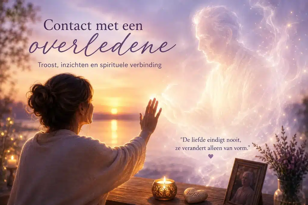 Contact met een overledene via een medium – spirituele verbinding tussen een vrouw en een overleden dierbare.