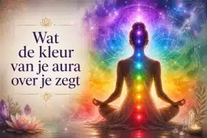 Wat de kleur van je aura over je zegt – spirituele illustratie van een mediterende vrouw met regenboogaura, chakra's en de betekenis van aura kleuren.
